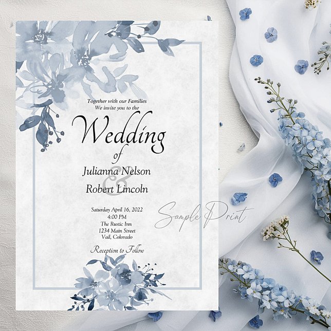 Invitation Budget blanc mariage floral bleu aquarelle Invit (Créateur téléchargé)