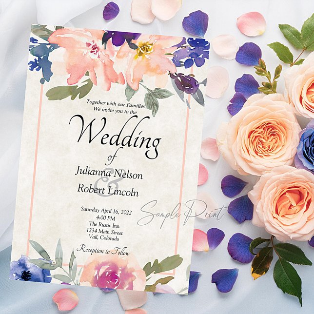 Invitation Budget blanc mariage orange et bleu floral Invit (Créateur téléchargé)