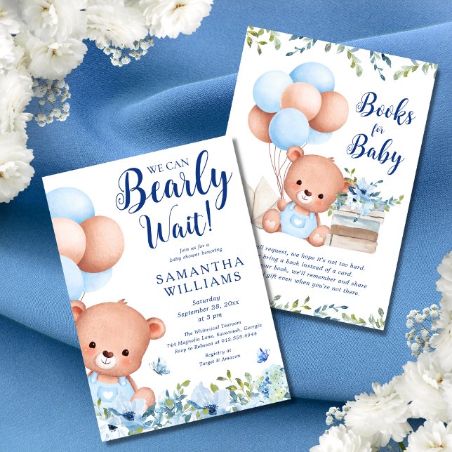 Invitation Budget Blue Boy Teddy Bear Livres pour Baby shower (This baby shower invitation features a cut teddy bear and blue balloons surrounded by wildflowers.)