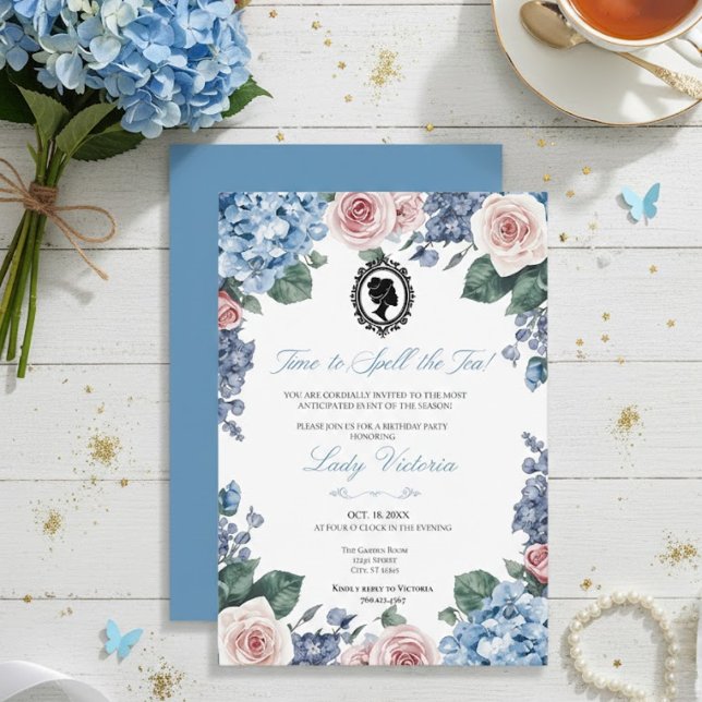 Invitation Budget Blue Florals Bridgerton Birthday Party (Créateur téléchargé)