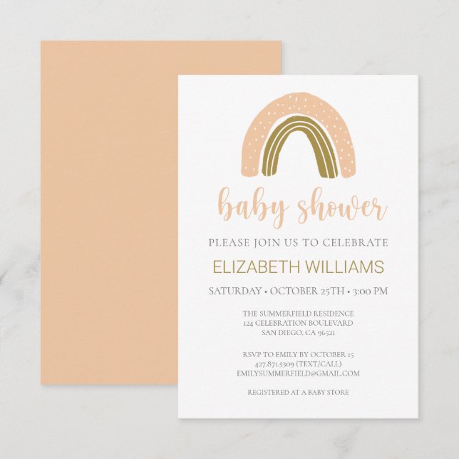 Invitation Budget Boho Chic Arc-en-ciel rose Baby shower or (Devant / Derrière)
