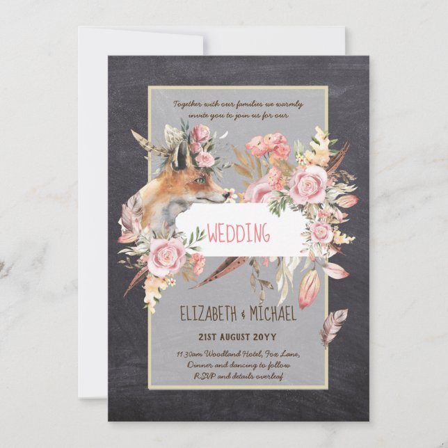 Invitation BUDGET Boho Woodland FOX Floral Mariage Moderne (Devant)