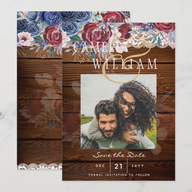 Invitation Budget Burgundy Blue Floral dentelle Mariage SAVE  (Devant / Derrière)