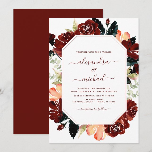Invitation Budget Burgundy Marine Bleu Floral Mariage Élégant (Devant / Derrière)