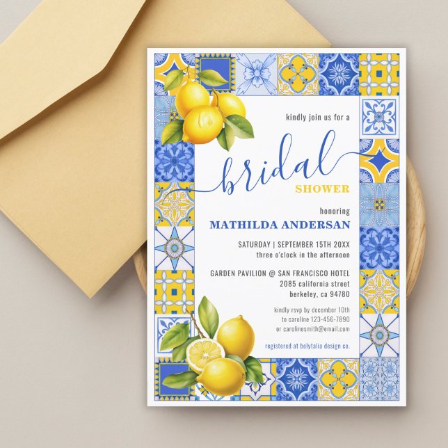 Invitation Budget Carreaux italiens Citron Fête des mariées d (Budget Italian Tiles Lemon Summer Bridal Shower Invitation)