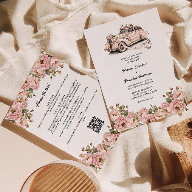 Invitation Budget Coquette Floral Blush Pink QR Code Mariage (Créateur téléchargé)