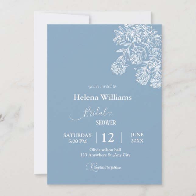 Invitation Budget Dusty bleu main tiré Mariage botanique (Devant)