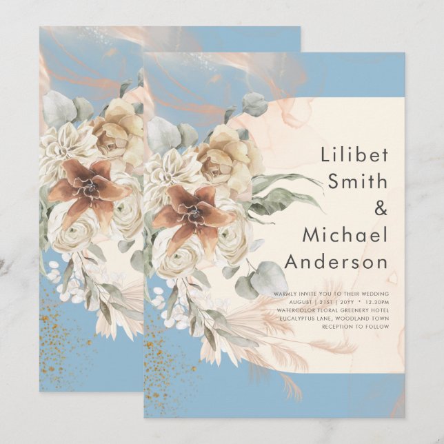 Invitation BUDGET Dusty Blue Pampas Grass Mariage (Devant / Derrière)