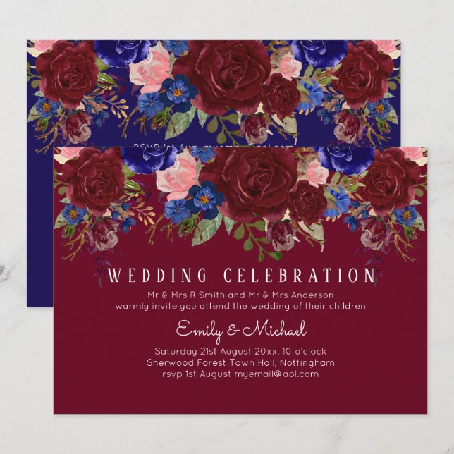 Invitation BUDGET Elégant Burgundy Blue Floral Mariage Invita (Devant / Derrière)