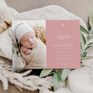 Invitation Budget Elégant Cross Calligraphy Photo Baptême