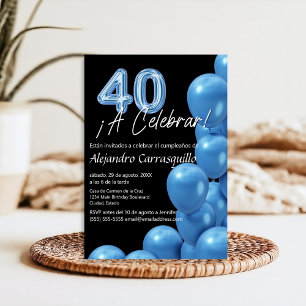 Invitation Budget Espagnol Ballons Bleus & Noir 40e Anniversa