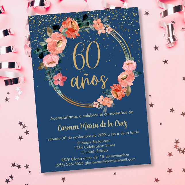 Invitation Budget Espagnol élégant Floral 60e fête d'annivers (Créateur téléchargé)