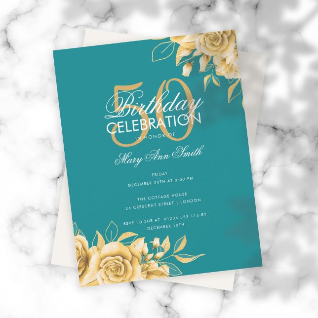 Invitation Budget Floral Anniversaire Fête Elégant Or & Turqu (Créateur téléchargé)