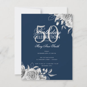 Invitation Budget Floral fête d'anniversaire Silver Navy