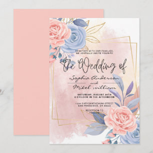 Invitation Budget Floral or bleu et rose mariage de pinceau 