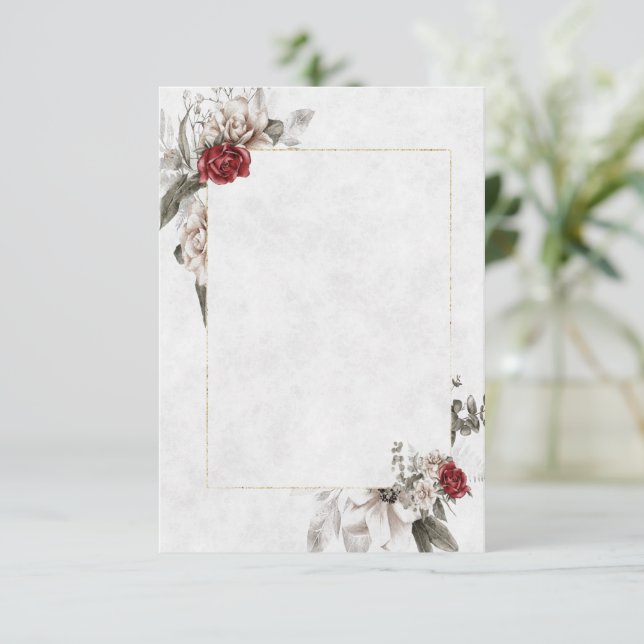 Invitation Budget floral vierge pour mariage en rouge et brum (Debout devant)