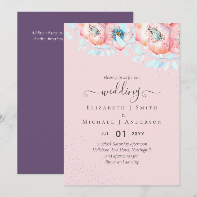 Invitation BUDGET Hellebore Turquoise Peach Floral Mariage (Devant / Derrière)