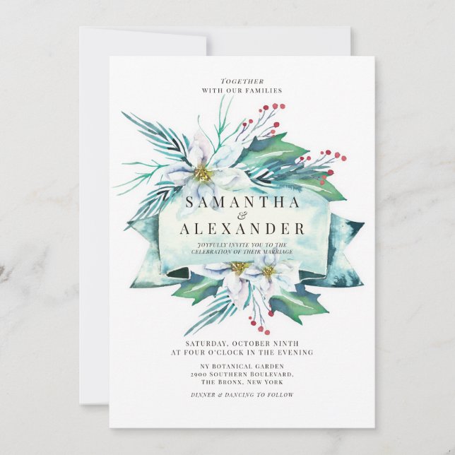 Invitation Budget Hiver Bouquet floral Mariage aquarelle (Devant)
