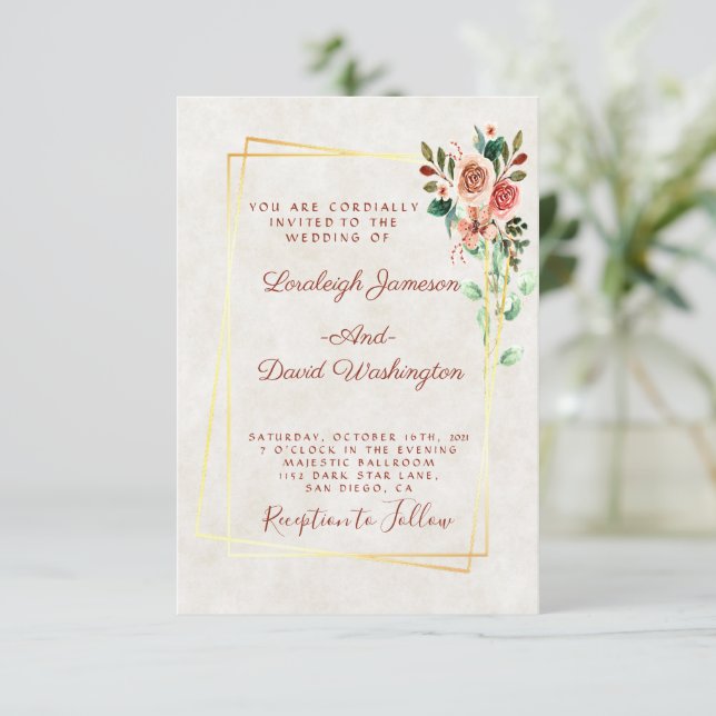 Invitation Budget Joli rose et mariage or (Debout devant)