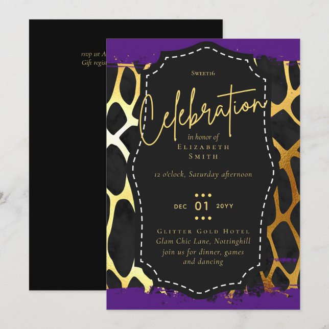 Invitation Budget jolie fille Sweet16 Gold Poster de animal I (Devant / Derrière)
