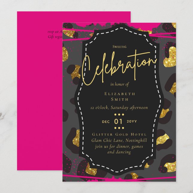 Invitation Budget jolie fille Sweet16 Gold Poster de animal I (Devant / Derrière)