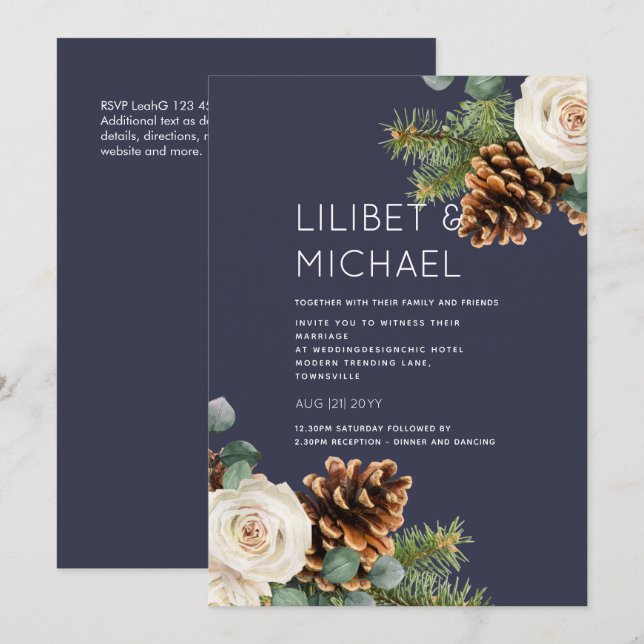Invitation BUDGET Mariage d'hiver Eucalyptus Roses de verdure (Devant / Derrière)