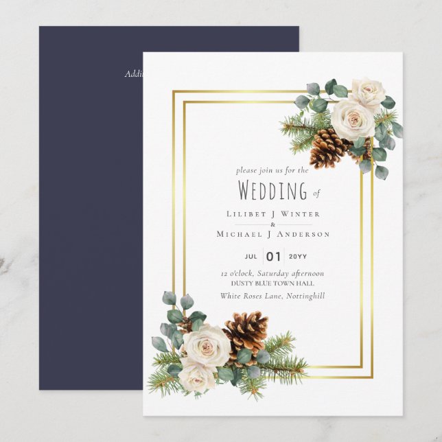 Invitation BUDGET Mariage d'hiver Roses blanches Or Dusty Ble (Devant / Derrière)