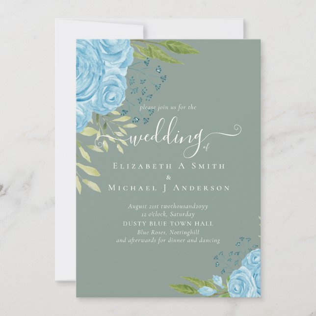 Invitation Budget Mariage Dusty Blue Rose (Devant)