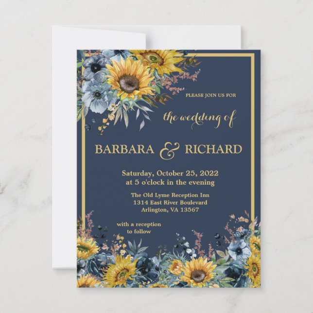 Invitation Budget Marine Mariage floral de tournesol bleu (Devant)