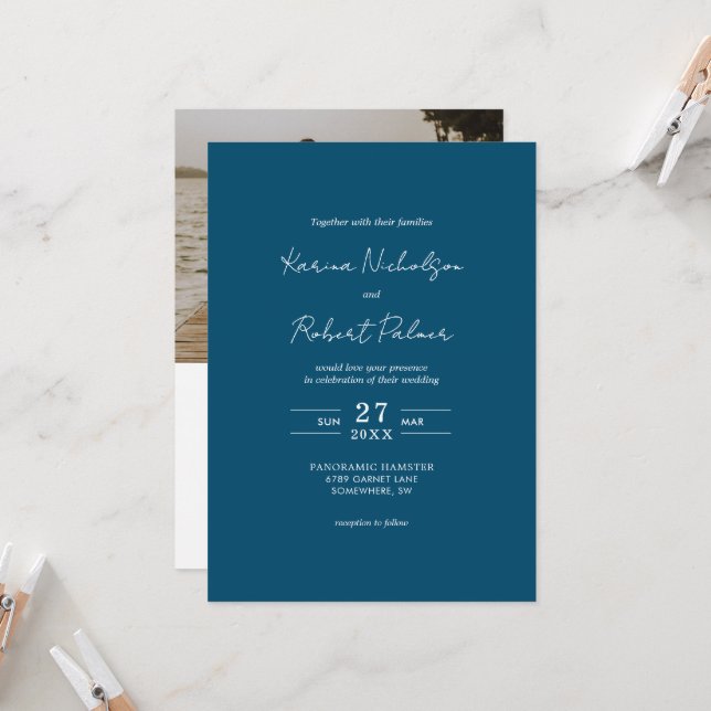 Invitation Budget Marine Photo bleu QR Code RSVP Mariage (Devant/Arrière en situation)