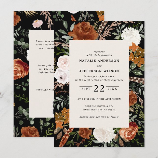 Invitation Budget noir terre cuite détails de la mariage flor (Devant / Derrière)