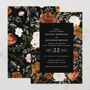 Invitation Budget noir terre cuite floral rustique élégant fl