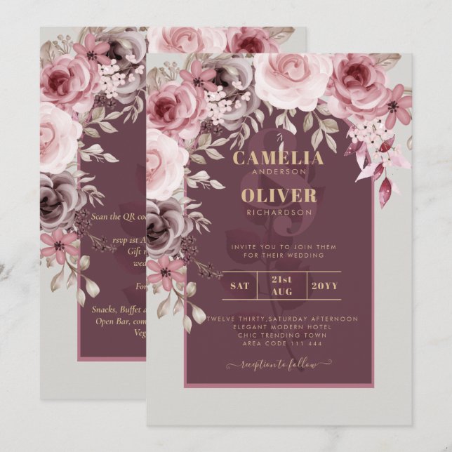 Invitation BUDGET Pink Maroon vin Floral Mariage INVITE (Devant / Derrière)