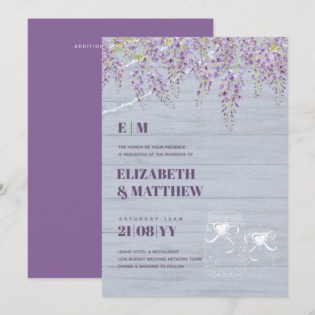 Invitation Budget Purple Wisteria Dusty Blue Mariage (Devant / Derrière)