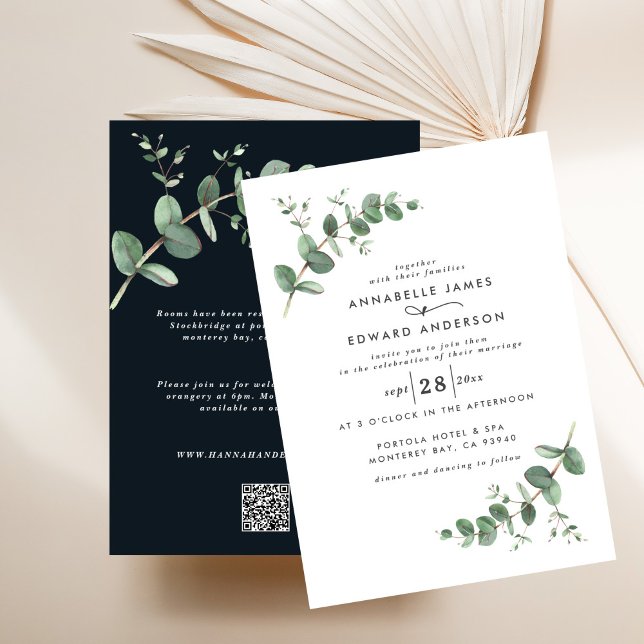 Invitation Budget QR code noir simple élégant Eucalyptus (Créateur téléchargé)