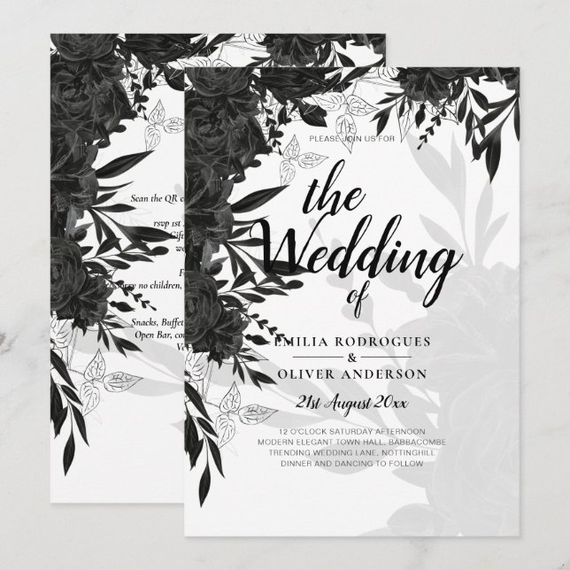 Invitation BUDGET Roses noirs Élégant Mariage blanc Invitatio (Devant / Derrière)