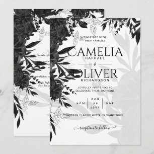 Invitation BUDGET Roses noirs Élégant Mariage blanc Invitatio