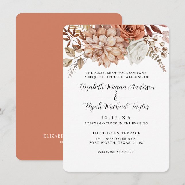 Invitation Budget Rust Terracotta Chute Mariage Floral (Devant / Derrière)