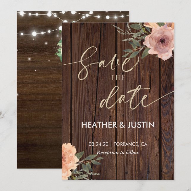 Invitation Budget Rustic Script String Lights & Lace Wedding (Devant / Derrière)