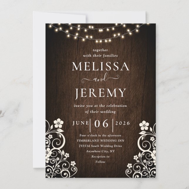 Invitation Budget Rustique Lumières Lace Mariage bois (Devant)