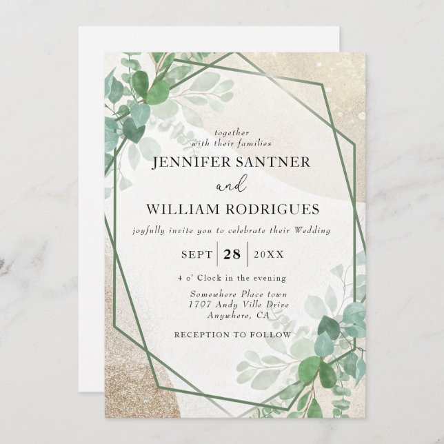 Invitation Budget Sage vert Eucalyptus Mariage de verdure (Devant / Derrière)