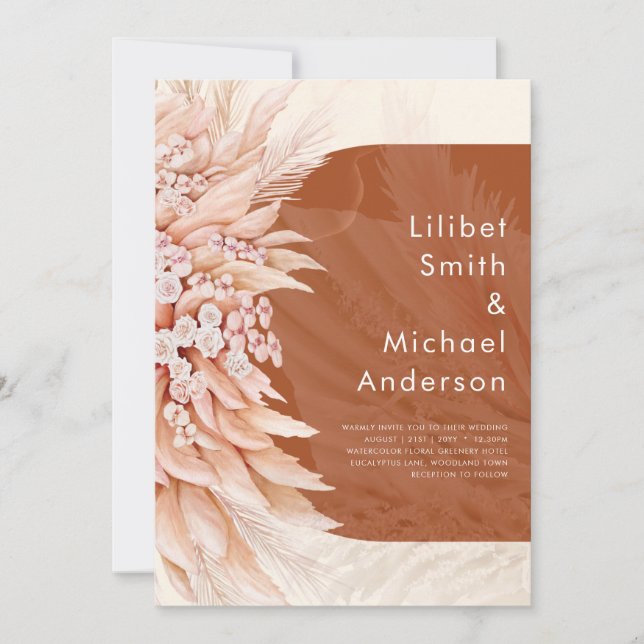 Invitation BUDGET Terracotta Coral Pampas Grass Mariage (Devant)