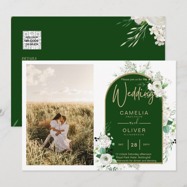 Invitation Budget Tout-en-1 Roses blanches Mariage vert Code  (Devant / Derrière)