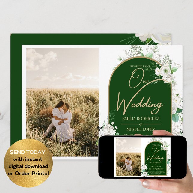 Invitation Budget Tout-en-1 Roses blanches Mariage vert Code  (Créateur téléchargé)
