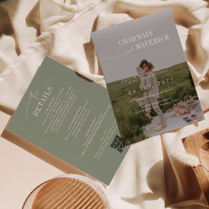 Invitation Budget tout en un + code QR Sage Green Mariage