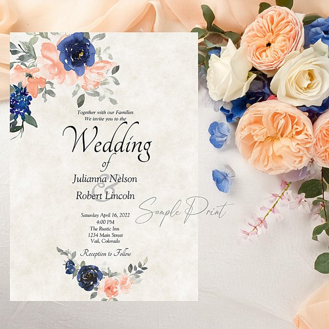 Invitation Budget vide Mariage floral rose et bleu  (Créateur téléchargé)
