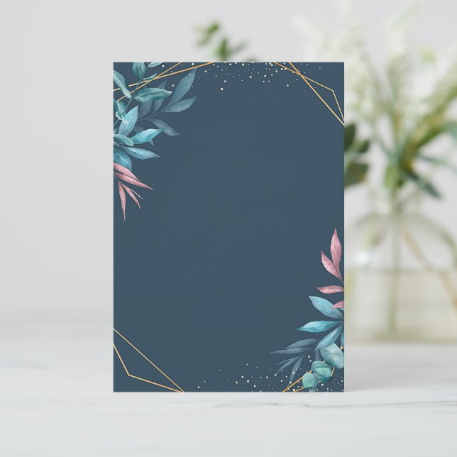 Invitation Budget vierge mariage botanique bleu et rose (Debout devant)