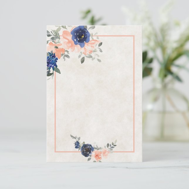 Invitation Budget vierge Pêche et mariage floral bleu Invit (Debout devant)