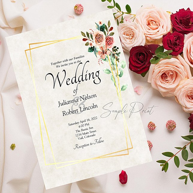 Invitation Budget vierge Rose Pretty et or mariage   (Créateur téléchargé)