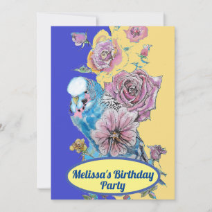 Invitation Budgie oiseau bleu Fille d'anniversaire Fleurs de